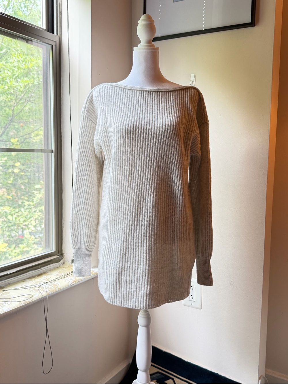 Intermix Wool Cashmere Ribbed Knit Boatneck Sweater Tunic Dress Grey Small